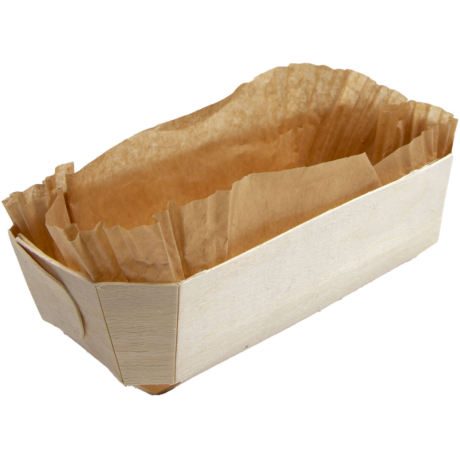 Houten bakvorm rechthoek 240x115x70mm met sil. Papier (100)